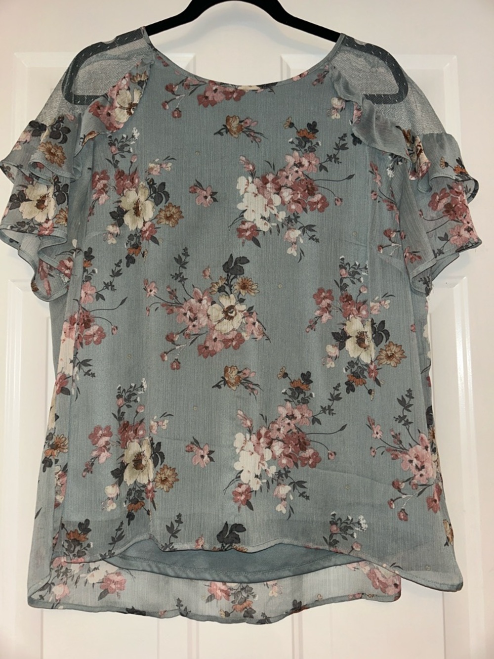 AGB Floral Ruffle Sleeve Blouse XL Dusty Blue SS Lace Feminine Lined Romantic